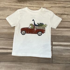 White Kids Tee with Red Truck & Dino Graphic